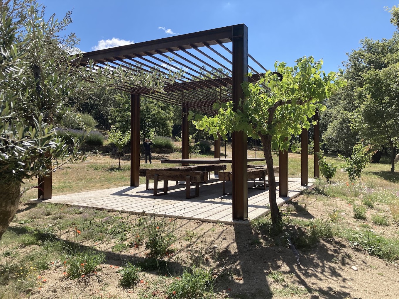 Pérgola de acero a medida integrada en un jardín